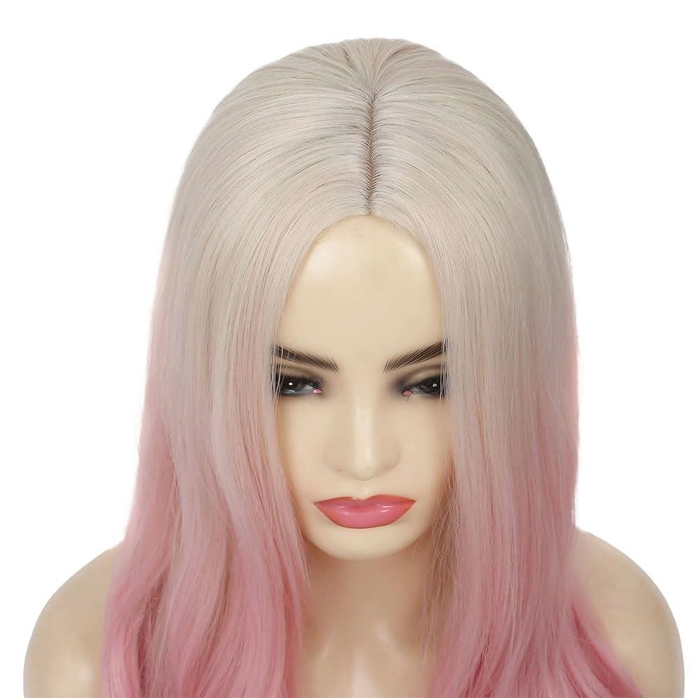 imageDark Purple Wavy Long Wigs for Women Natural Curly Middle Part with Light Purple Highlight Hair Heat Resistant Synthetic Wig for Halloween Cosplay UsePink