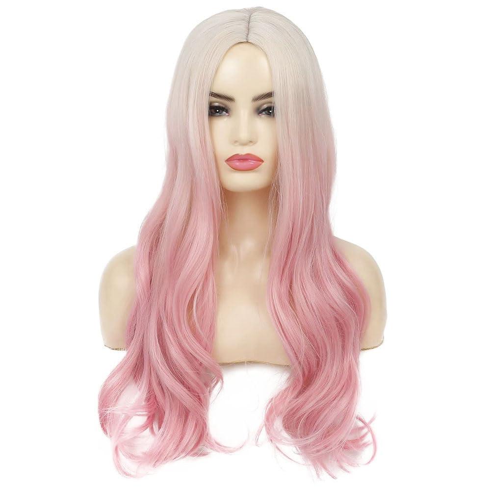 imageDark Purple Wavy Long Wigs for Women Natural Curly Middle Part with Light Purple Highlight Hair Heat Resistant Synthetic Wig for Halloween Cosplay UsePink