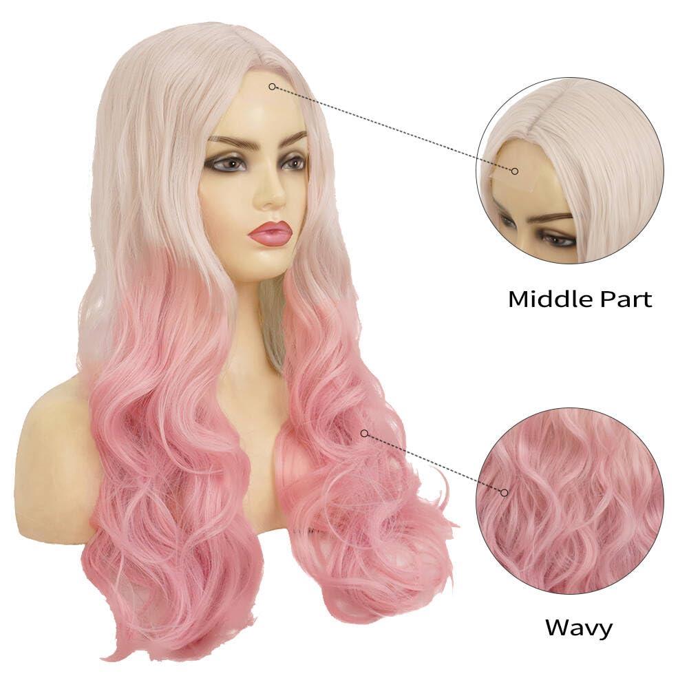 imageDark Purple Wavy Long Wigs for Women Natural Curly Middle Part with Light Purple Highlight Hair Heat Resistant Synthetic Wig for Halloween Cosplay UseLace Pink
