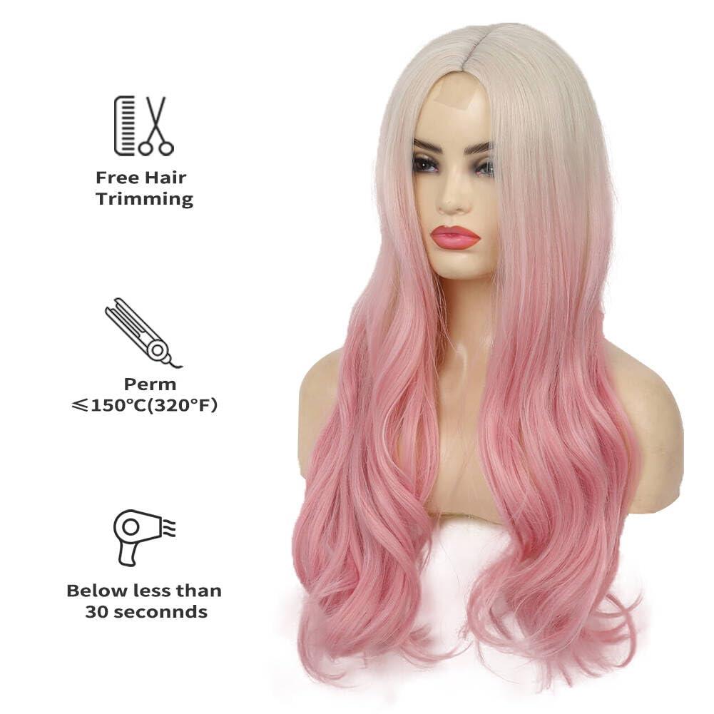 imageDark Purple Wavy Long Wigs for Women Natural Curly Middle Part with Light Purple Highlight Hair Heat Resistant Synthetic Wig for Halloween Cosplay UseLace Pink