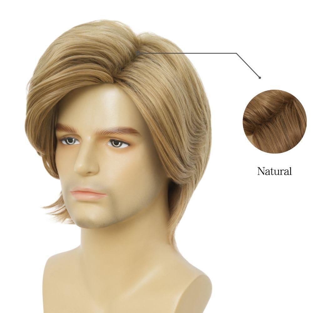 imageMens Brown Curly Wig Short Fluffy Natural Side Part Synthetic Hair for Male Costume Daily Party Cosplay Halloween UseBlonde BrownBlonde2