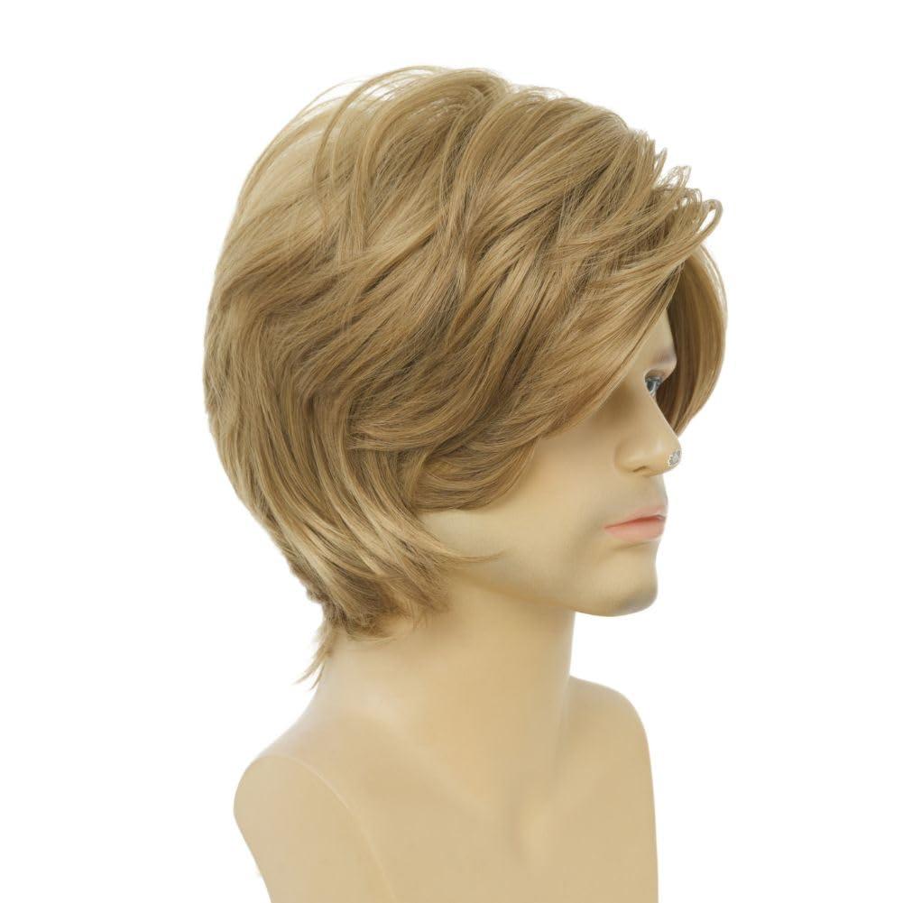 imageMens Brown Curly Wig Short Fluffy Natural Side Part Synthetic Hair for Male Costume Daily Party Cosplay Halloween UseBlonde BrownBlonde2
