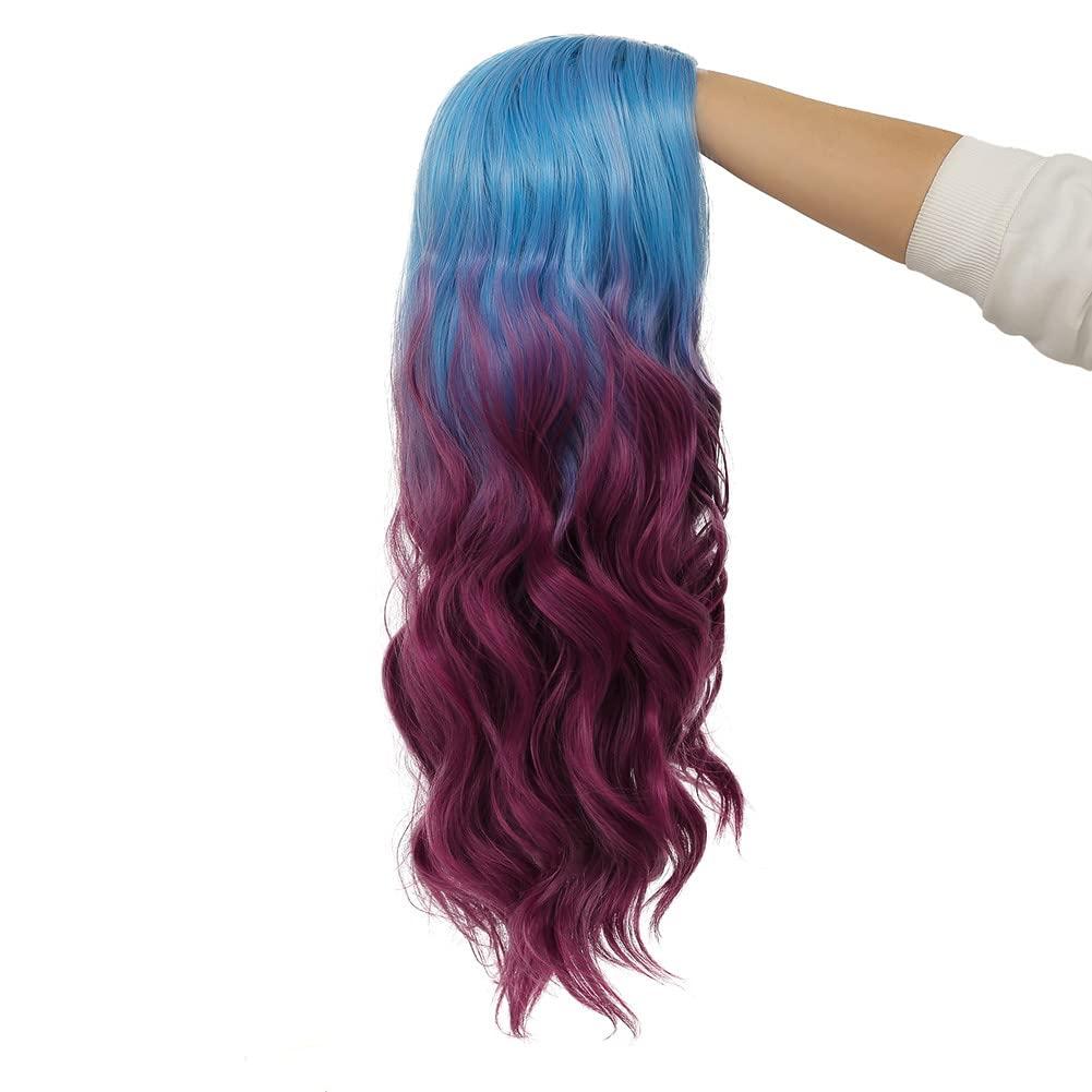 imageOrange Wig with Bangs for Women Long Curly Wavy Heat Resistantant Silky Ginger Wigs Cosplay Halloween Daily Use OrangeBlue to Purple