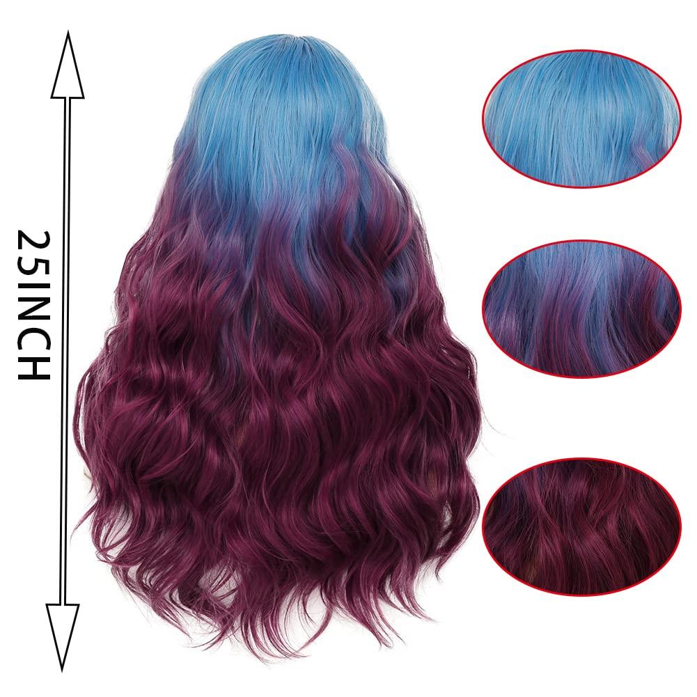imageOrange Wig with Bangs for Women Long Curly Wavy Heat Resistantant Silky Ginger Wigs Cosplay Halloween Daily Use OrangeBlue to Purple
