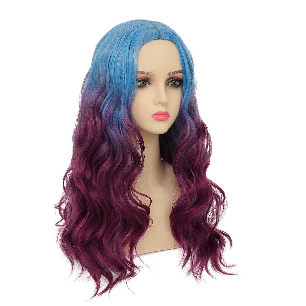 imageOrange Wig with Bangs for Women Long Curly Wavy Heat Resistantant Silky Ginger Wigs Cosplay Halloween Daily Use OrangeBlue to Purple