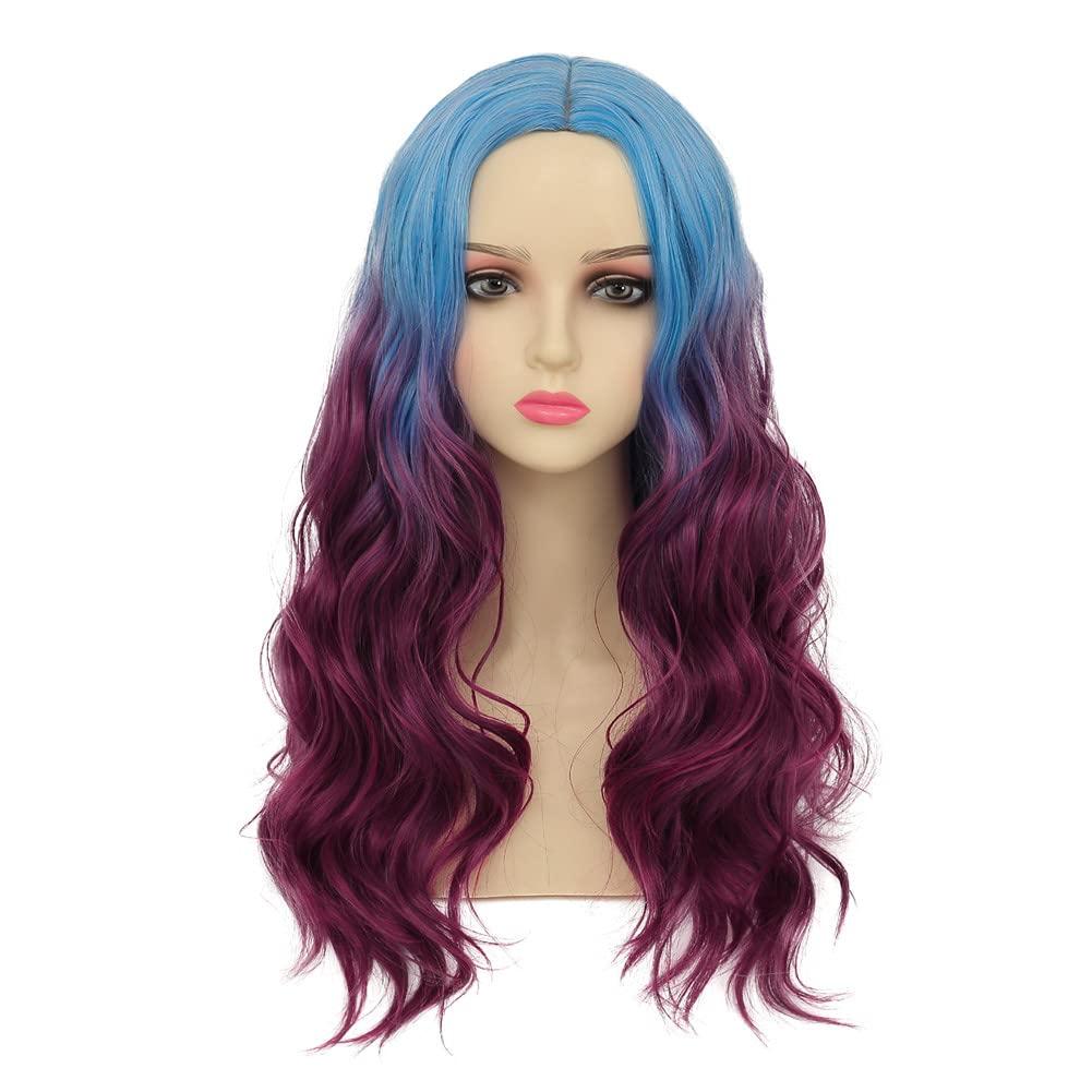 imageOrange Wig with Bangs for Women Long Curly Wavy Heat Resistantant Silky Ginger Wigs Cosplay Halloween Daily Use OrangeBlue to Purple