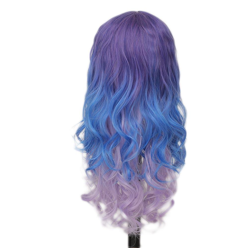 imageOrange Wig with Bangs for Women Long Curly Wavy Heat Resistantant Silky Ginger Wigs Cosplay Halloween Daily Use OrangePurple Blue
