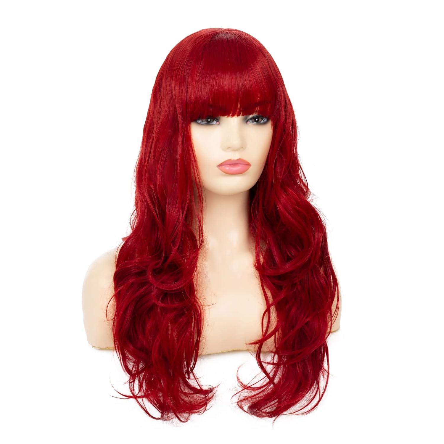 imageOrange Wig with Bangs for Women Long Curly Wavy Heat Resistantant Silky Ginger Wigs Cosplay Halloween Daily Use OrangeRed