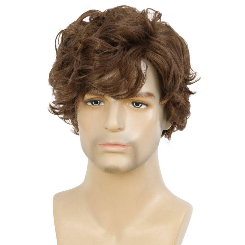 imageShort Black Wigs for Men Layered Fluffy Natural Synthetic Hair Male Wig Daily and Halloween WigCurly Brown