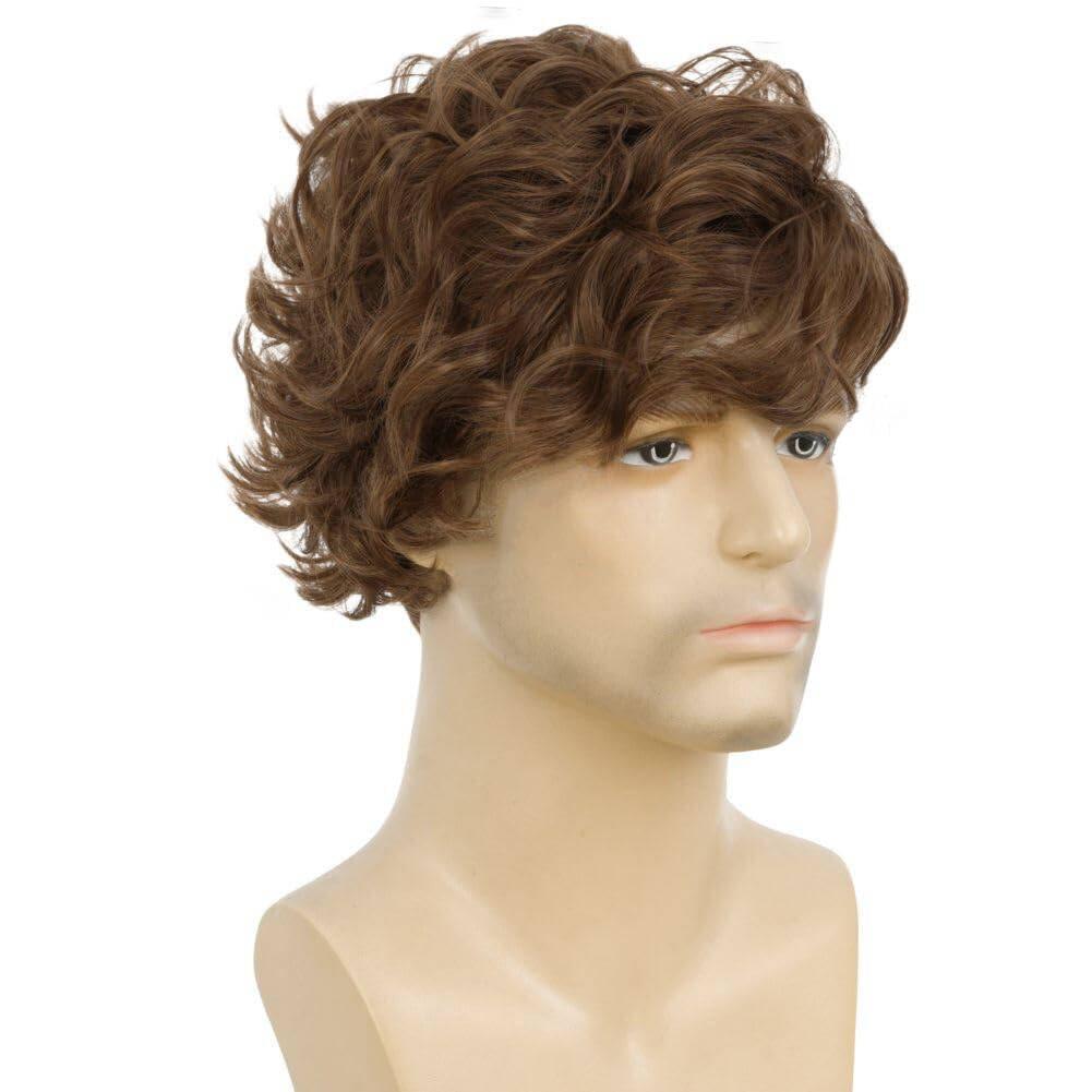 imageShort Black Wigs for Men Layered Fluffy Natural Synthetic Hair Male Wig Daily and Halloween WigCurly Brown