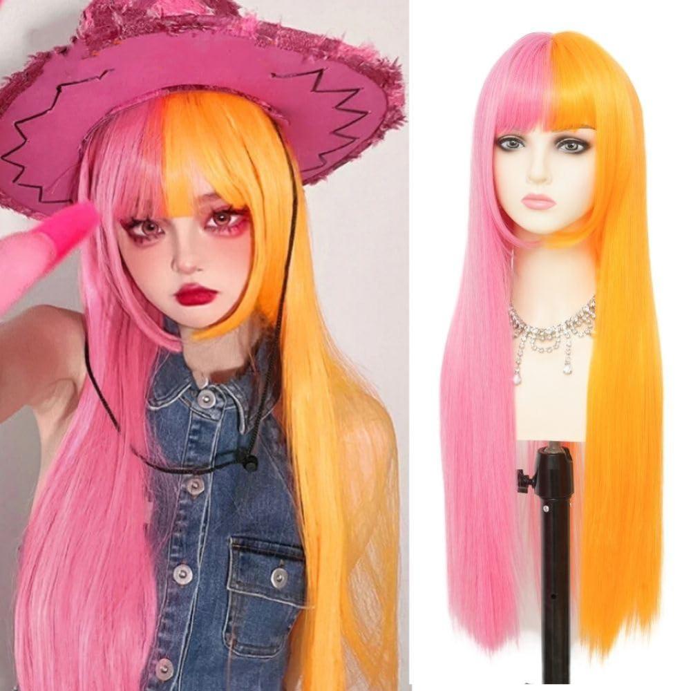 imageDark Purple Wavy Long Wigs for Women Natural Curly Middle Part with Light Purple Highlight Hair Heat Resistant Synthetic Wig for Halloween Cosplay UseOrange Pink