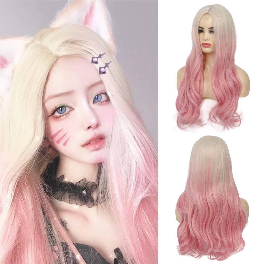 imageDark Purple Wavy Long Wigs for Women Natural Curly Middle Part with Light Purple Highlight Hair Heat Resistant Synthetic Wig for Halloween Cosplay UseLace Pink