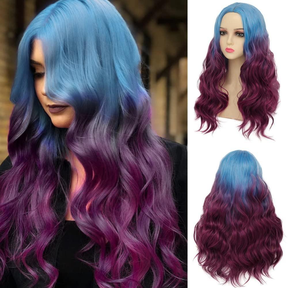 imageOrange Wig with Bangs for Women Long Curly Wavy Heat Resistantant Silky Ginger Wigs Cosplay Halloween Daily Use OrangeBlue to Purple