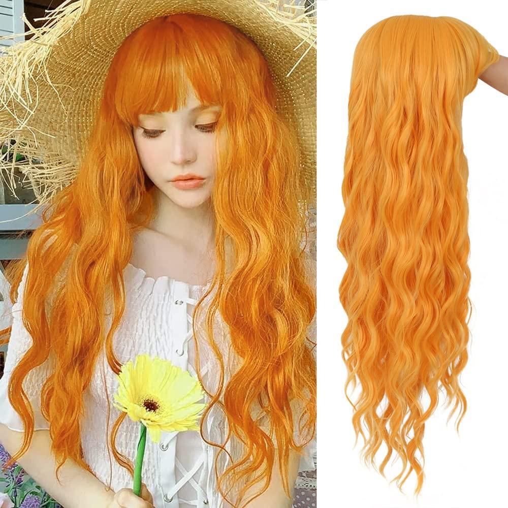 imageOrange Wig with Bangs for Women Long Curly Wavy Heat Resistantant Silky Ginger Wigs Cosplay Halloween Daily Use OrangeLight Orange