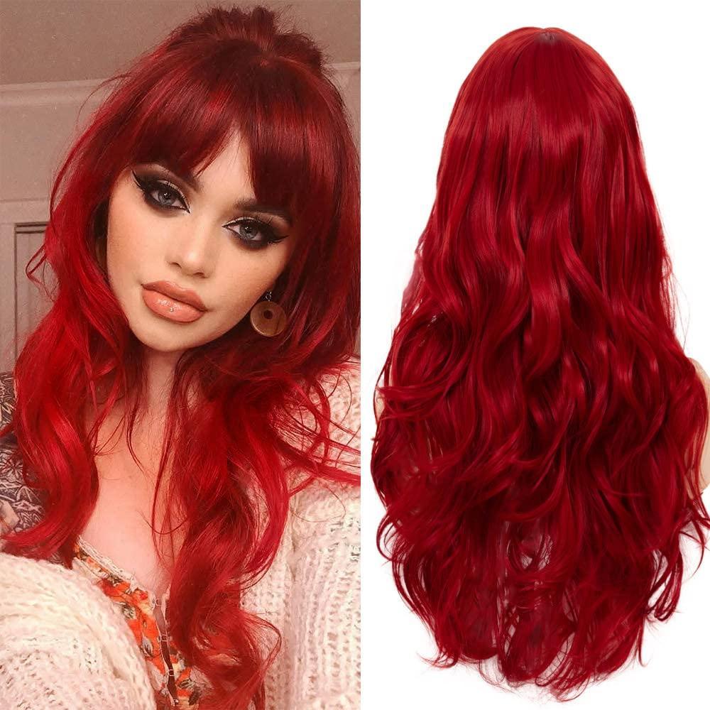 imageOrange Wig with Bangs for Women Long Curly Wavy Heat Resistantant Silky Ginger Wigs Cosplay Halloween Daily Use OrangeRed