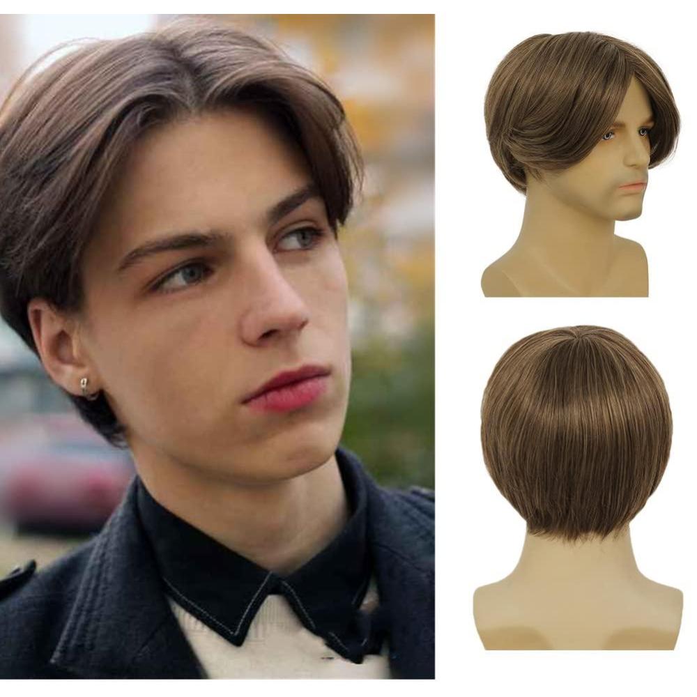 imageShort Black Wigs for Men Layered Fluffy Natural Synthetic Hair Male Wig Daily and Halloween WigBrown