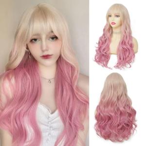 Dark Purple Wavy Long Wigs for Women Natural Curly Middle Part with Light Purple Highlight Hair Heat Resistant Synthetic Wig for Halloween Cosplay Use(Blonde Pink)