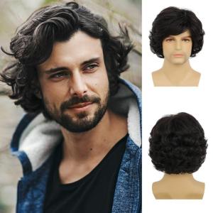 Mens Brown Curly Wig Short Fluffy Natural Side Part Synthetic Hair for Male Costume Daily Party Cosplay Halloween Use(Blonde Brown)(Black)