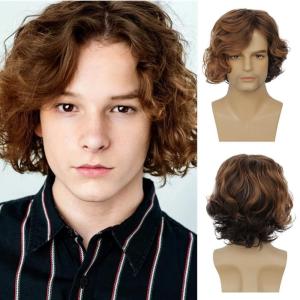 Mens Brown Curly Wig Short Fluffy Natural Side Part Synthetic Hair for Male Costume Daily Party Cosplay Halloween Use(Blonde Brown)(Blond to Brown)