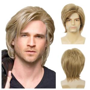 Mens Brown Curly Wig Short Fluffy Natural Side Part Synthetic Hair for Male Costume Daily Party Cosplay Halloween Use(Blonde Brown)(Blonde#2)