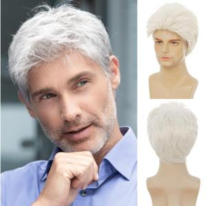 Mens Brown Curly Wig Short Fluffy Natural Side Part Synthetic Hair for Male Costume Daily Party Cosplay Halloween Use(Blonde Brown)(White)