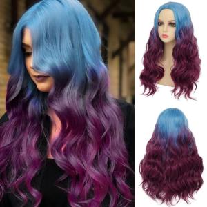 Orange Wig with Bangs for Women Long Curly Wavy Heat Resistantant Silky Ginger Wigs Cosplay Halloween Daily Use (Orange)(Blue to Purple)