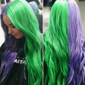 Orange Wig with Bangs for Women Long Curly Wavy Heat Resistantant Silky Ginger Wigs Cosplay Halloween Daily Use (Orange)(Green Purple)