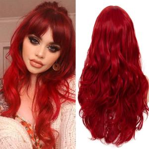 Orange Wig with Bangs for Women Long Curly Wavy Heat Resistantant Silky Ginger Wigs Cosplay Halloween Daily Use (Orange)(Red)