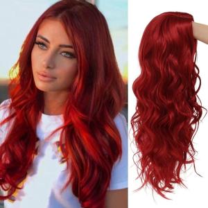 Orange Wig with Bangs for Women Long Curly Wavy Heat Resistantant Silky Ginger Wigs Cosplay Halloween Daily Use (Orange)(Red2)