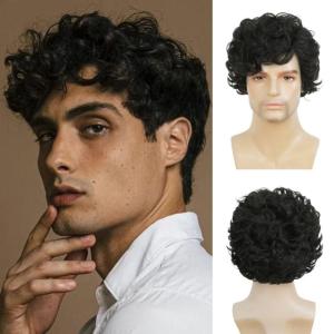 Short Black Wigs for Men Layered Fluffy Natural Synthetic Hair Male Wig Daily and Halloween Wig(Curly Black)