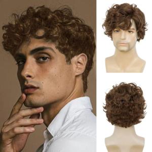 Short Black Wigs for Men Layered Fluffy Natural Synthetic Hair Male Wig Daily and Halloween Wig(Curly Brown)