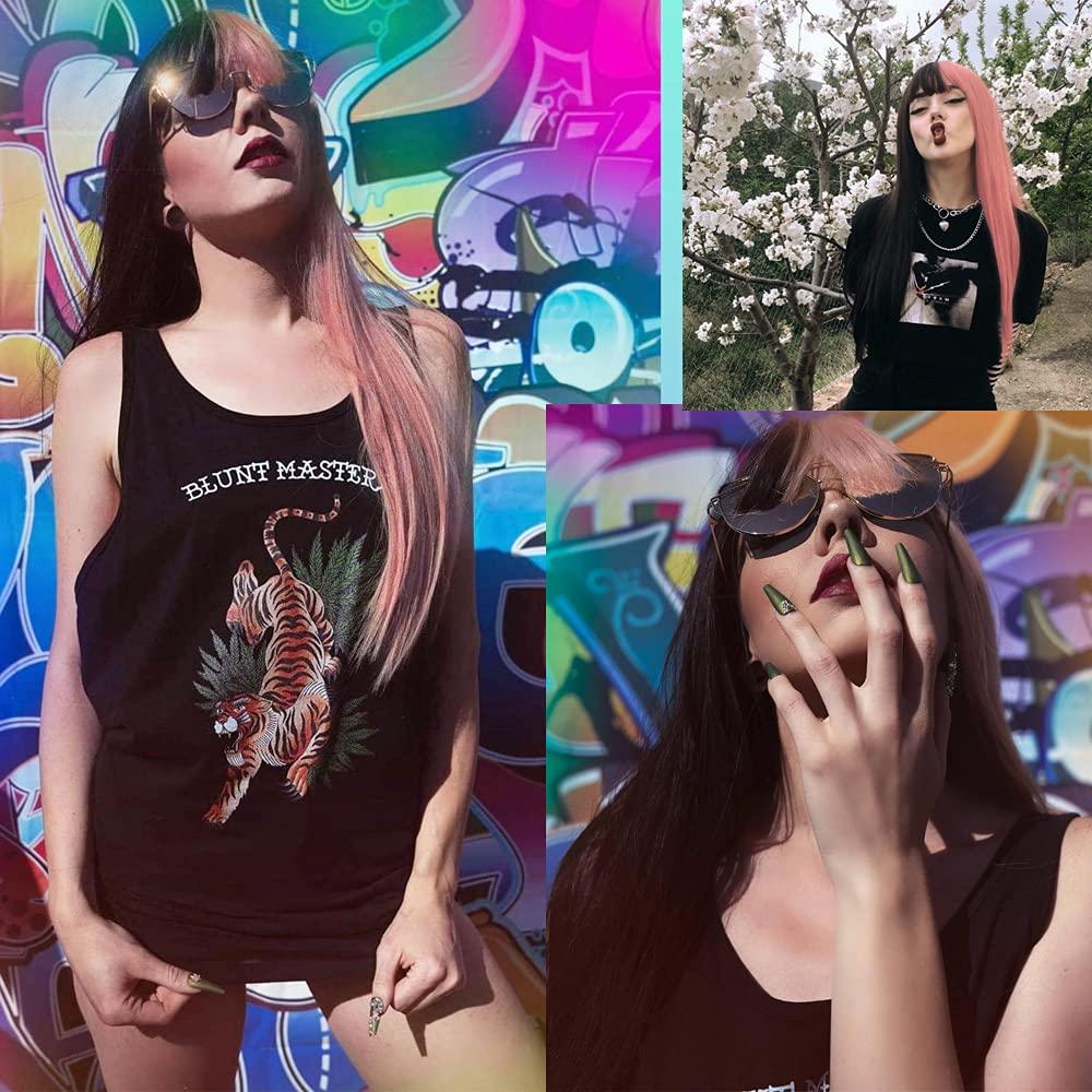 imageBlack Green Wig with Bangs Long Straight Halloween Cosplay Wigs for Women Synthetic Heat Resistang Black greenBlack Pink