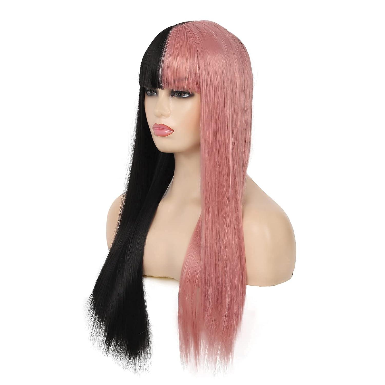 imageBlack Green Wig with Bangs Long Straight Halloween Cosplay Wigs for Women Synthetic Heat Resistang Black greenBlack Pink