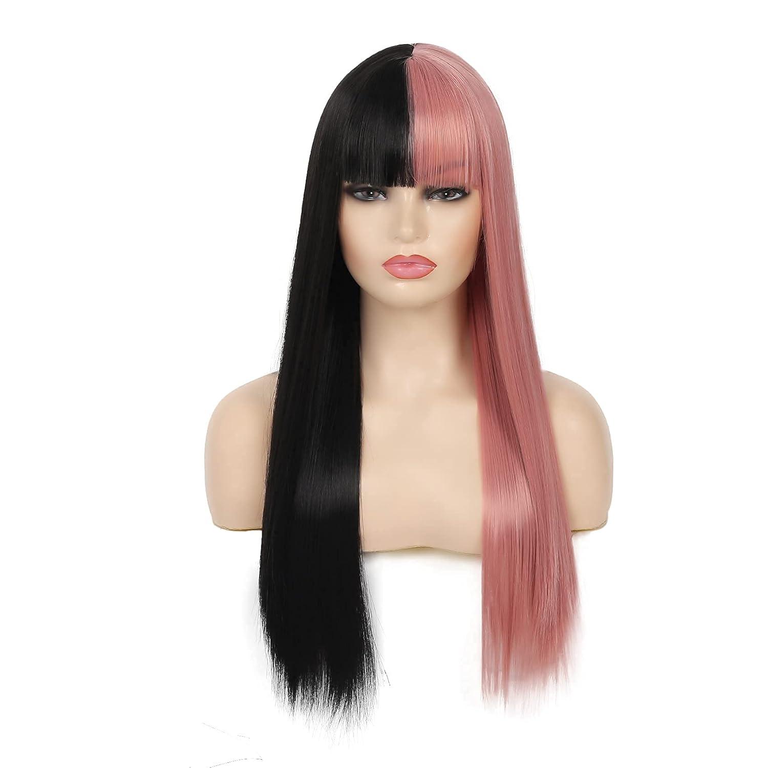 imageBlack Green Wig with Bangs Long Straight Halloween Cosplay Wigs for Women Synthetic Heat Resistang Black greenBlack Pink