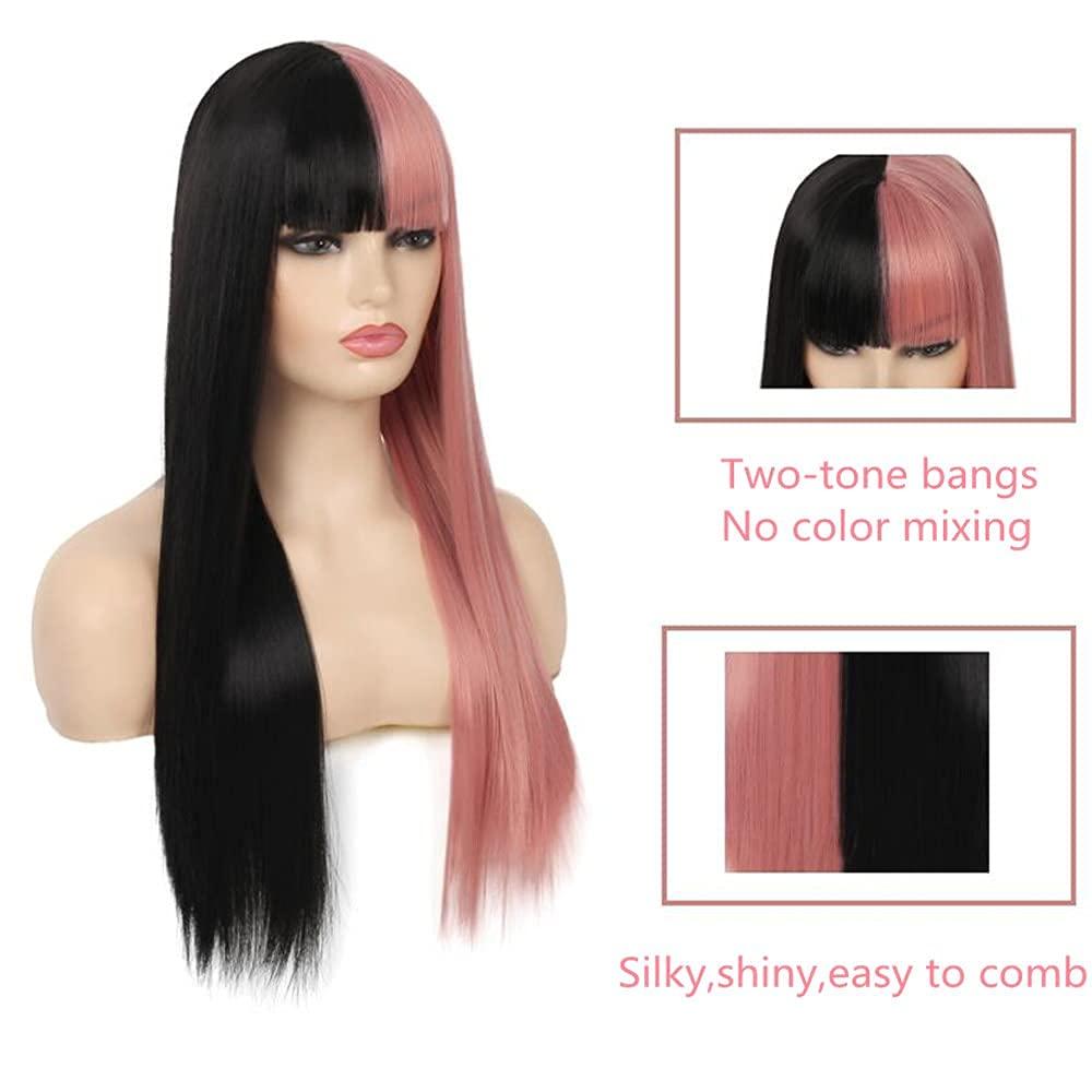 imageBlack Green Wig with Bangs Long Straight Halloween Cosplay Wigs for Women Synthetic Heat Resistang Black greenBlack Pink