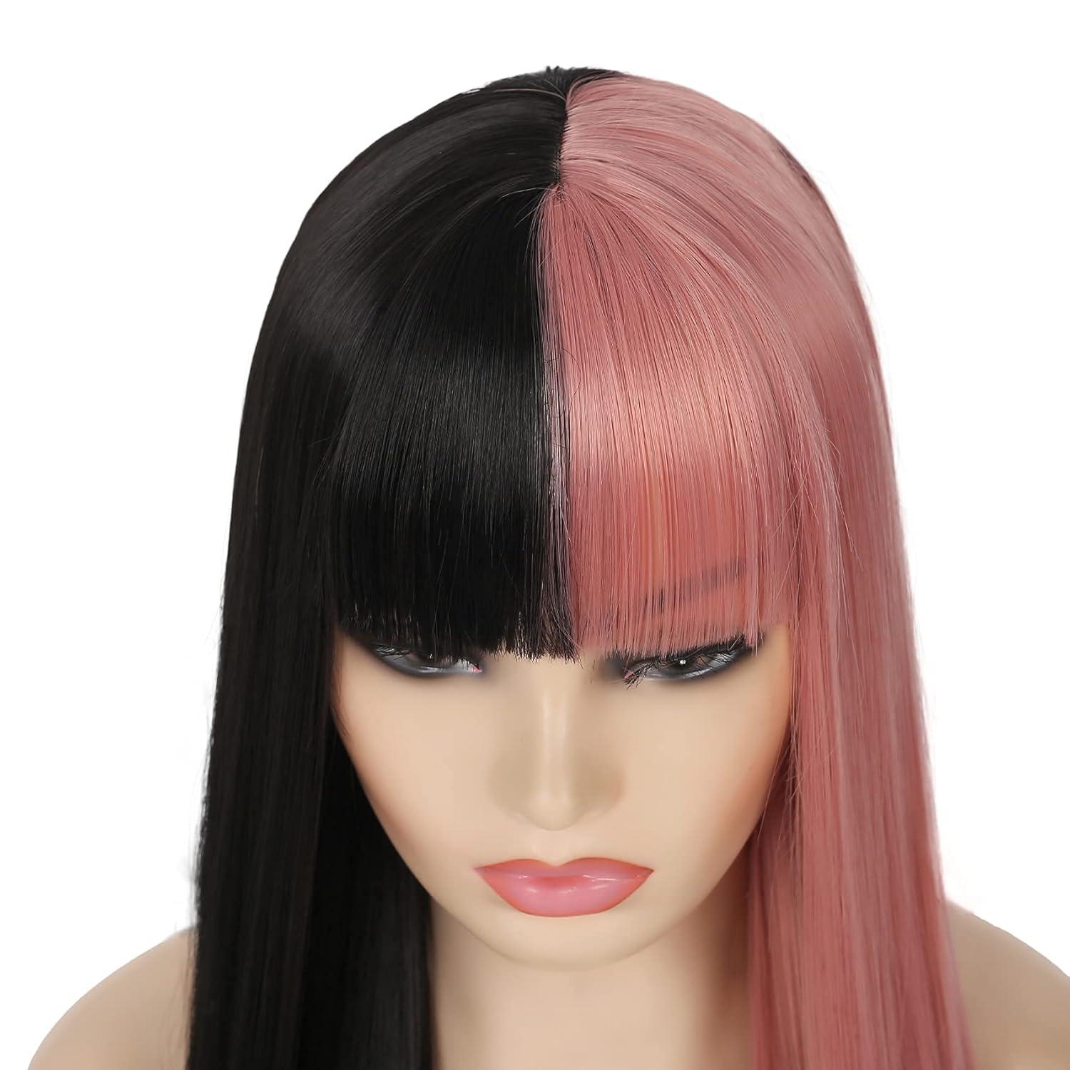 imageBlack Green Wig with Bangs Long Straight Halloween Cosplay Wigs for Women Synthetic Heat Resistang Black greenBlack Pink