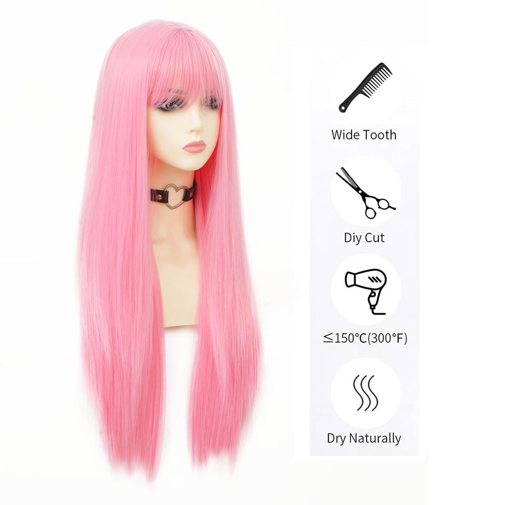 imageBlack Green Wig with Bangs Long Straight Halloween Cosplay Wigs for Women Synthetic Heat Resistang Black greenStraight Pink