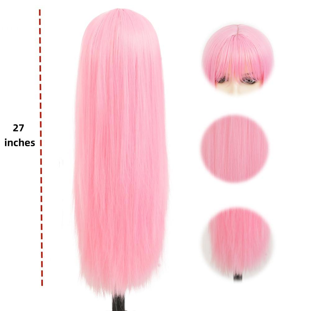 imageBlack Green Wig with Bangs Long Straight Halloween Cosplay Wigs for Women Synthetic Heat Resistang Black greenStraight Pink
