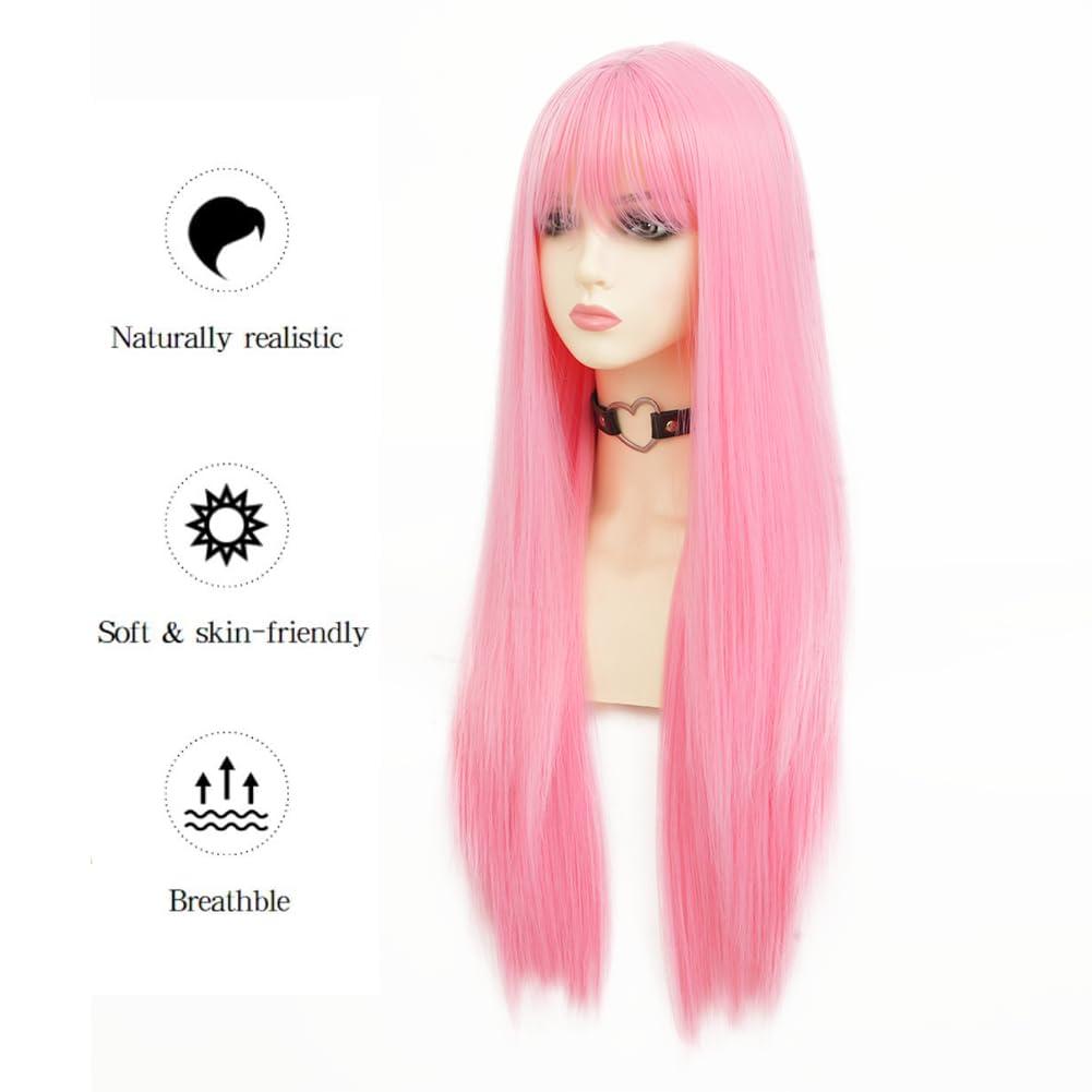 imageBlack Green Wig with Bangs Long Straight Halloween Cosplay Wigs for Women Synthetic Heat Resistang Black greenStraight Pink