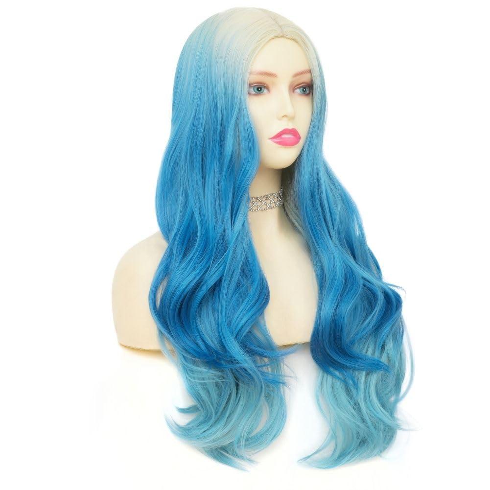 imageBlonde Blue Long Curly Wigs for Women 26 Inch Wavy Synthetic Middle Part Colourful Hair Wigs for Halloween Cosplay UseBlonde Blue
