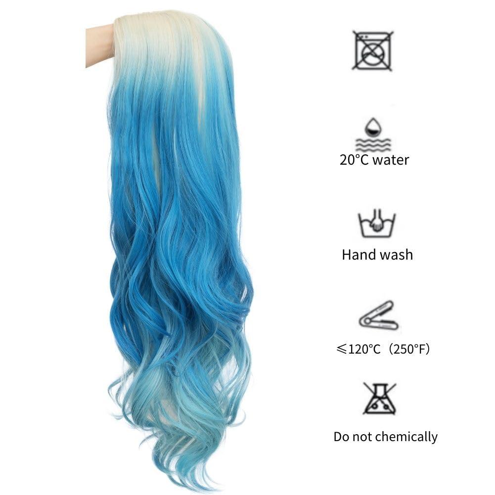 imageBlonde Blue Long Curly Wigs for Women 26 Inch Wavy Synthetic Middle Part Colourful Hair Wigs for Halloween Cosplay UseBlonde Blue
