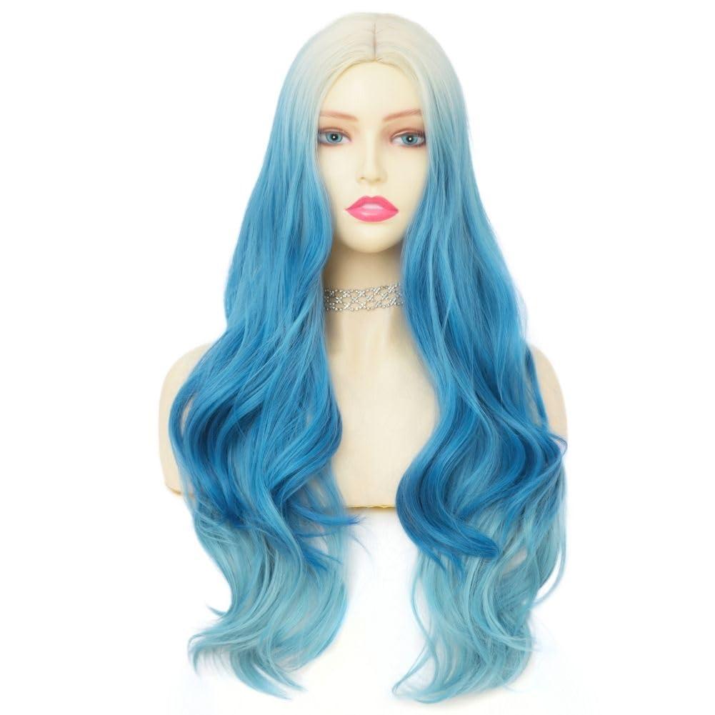 imageBlonde Blue Long Curly Wigs for Women 26 Inch Wavy Synthetic Middle Part Colourful Hair Wigs for Halloween Cosplay UseBlonde Blue