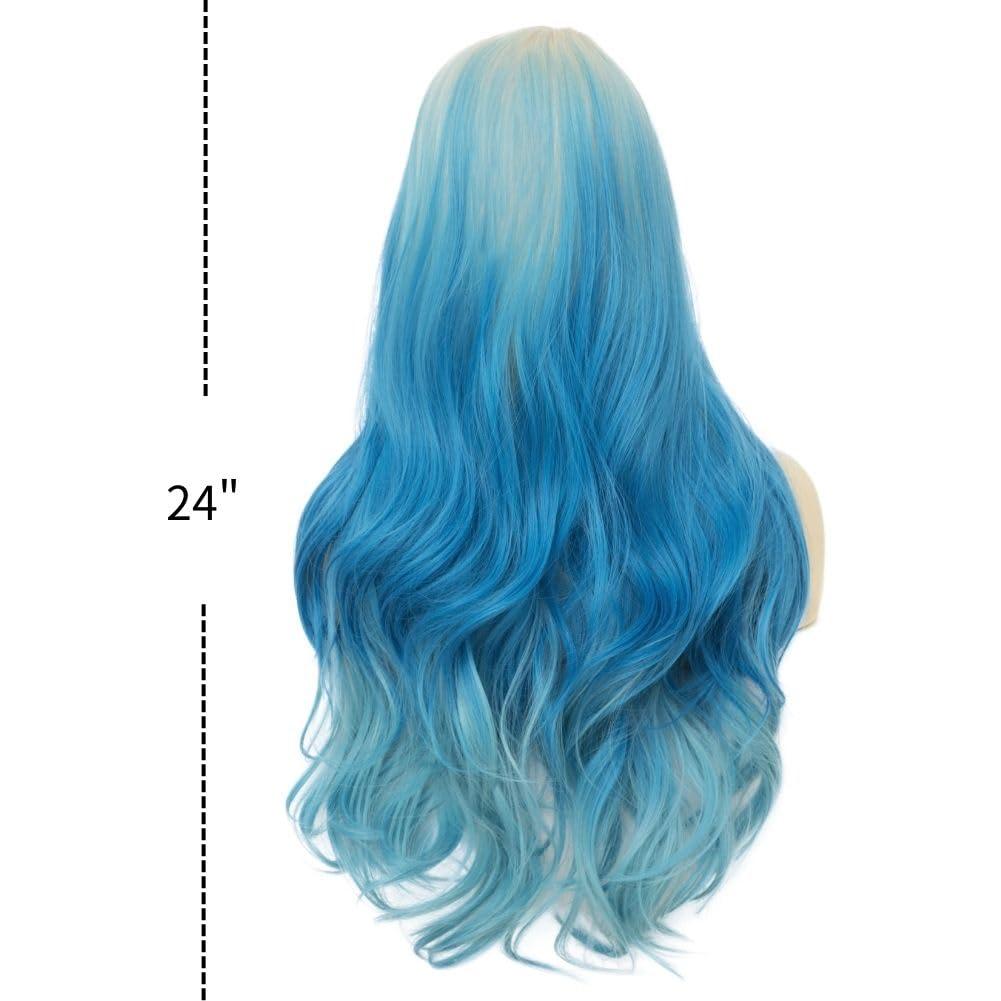 imageBlonde Blue Long Curly Wigs for Women 26 Inch Wavy Synthetic Middle Part Colourful Hair Wigs for Halloween Cosplay UseBlonde Blue