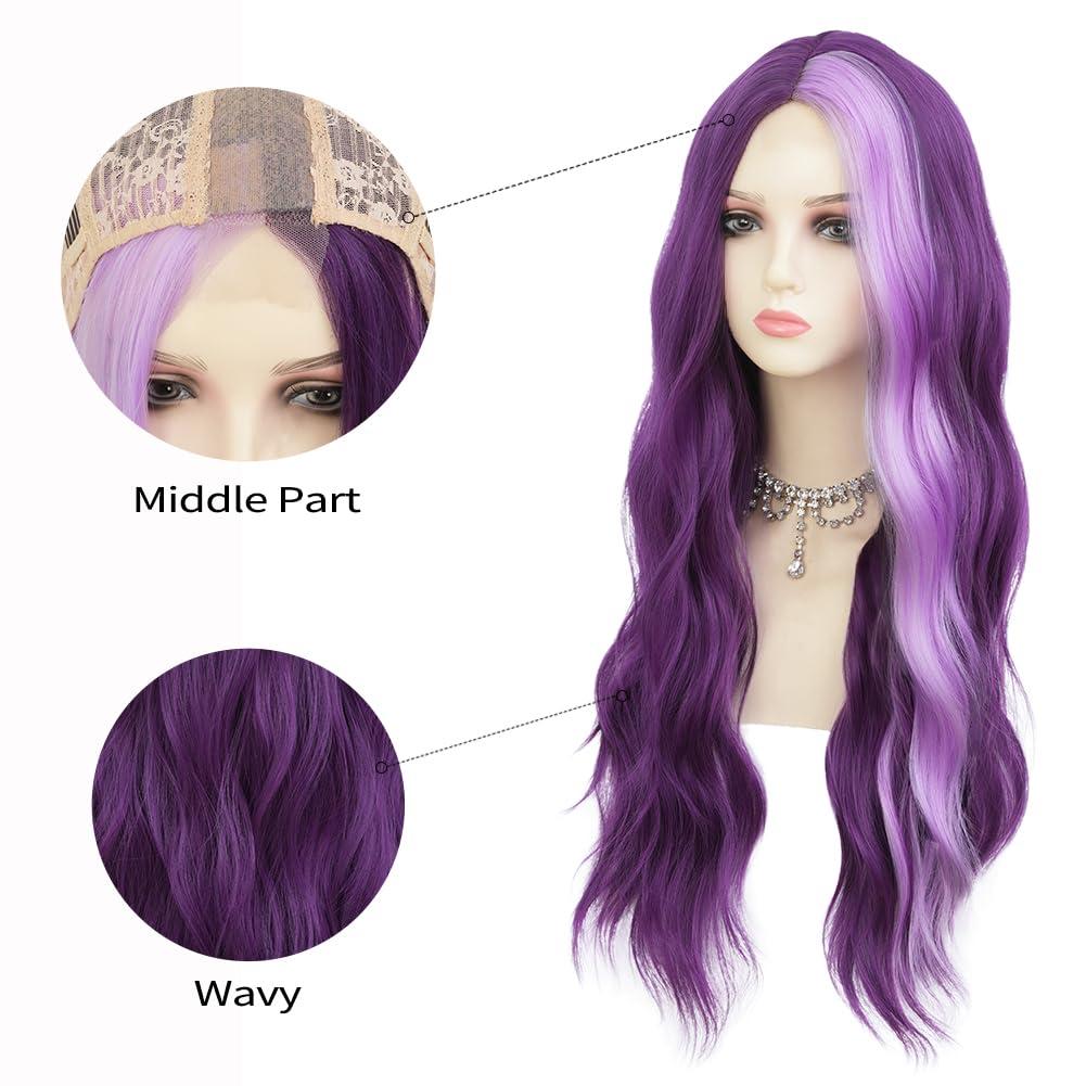 imageBlonde Blue Long Curly Wigs for Women 26 Inch Wavy Synthetic Middle Part Colourful Hair Wigs for Halloween Cosplay UseLace Purple