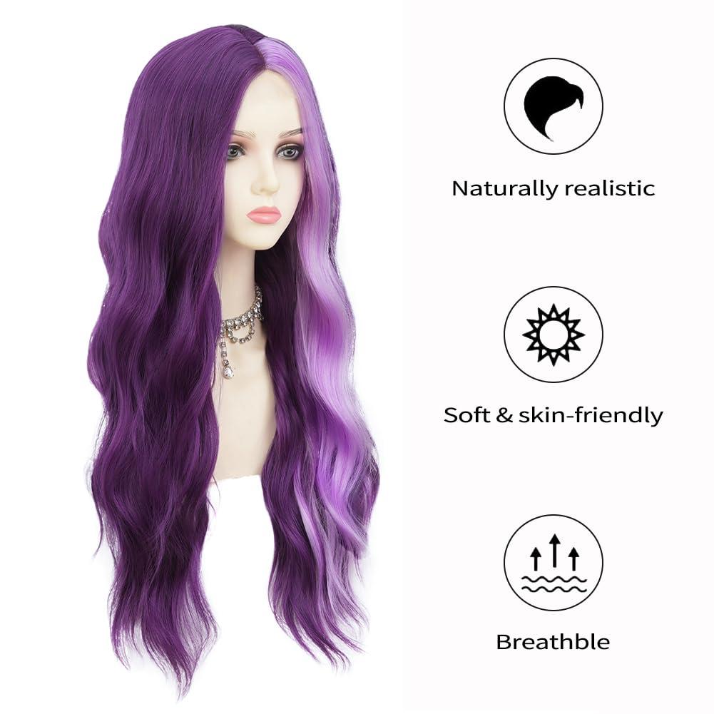 imageBlonde Blue Long Curly Wigs for Women 26 Inch Wavy Synthetic Middle Part Colourful Hair Wigs for Halloween Cosplay UseLace Purple