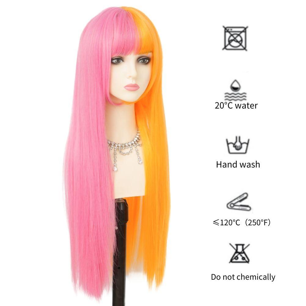 imageBlonde Blue Long Curly Wigs for Women 26 Inch Wavy Synthetic Middle Part Colourful Hair Wigs for Halloween Cosplay UseOrange Pink