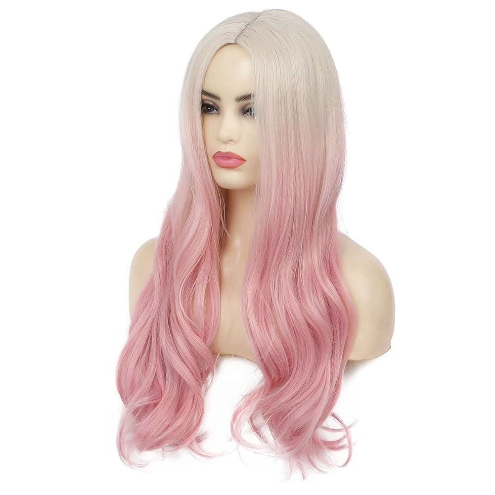 imageBlonde Blue Long Curly Wigs for Women 26 Inch Wavy Synthetic Middle Part Colourful Hair Wigs for Halloween Cosplay UsePink