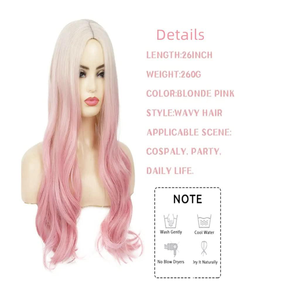 imageBlonde Blue Long Curly Wigs for Women 26 Inch Wavy Synthetic Middle Part Colourful Hair Wigs for Halloween Cosplay UsePink