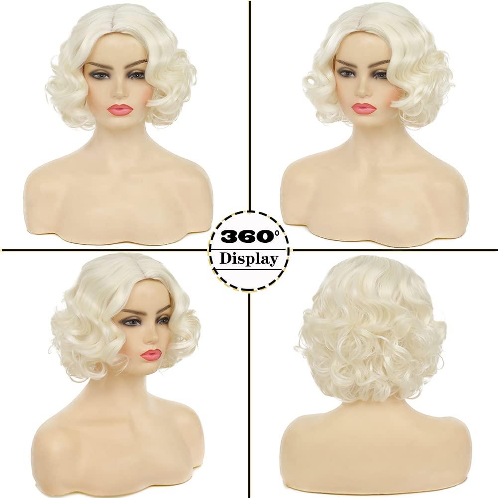 imageBlonde Curly Short Finger Wave Wigs for Lady with Bangs Synthetic Hair Natural Cosplay Halloween Costume Women WigsBlonde