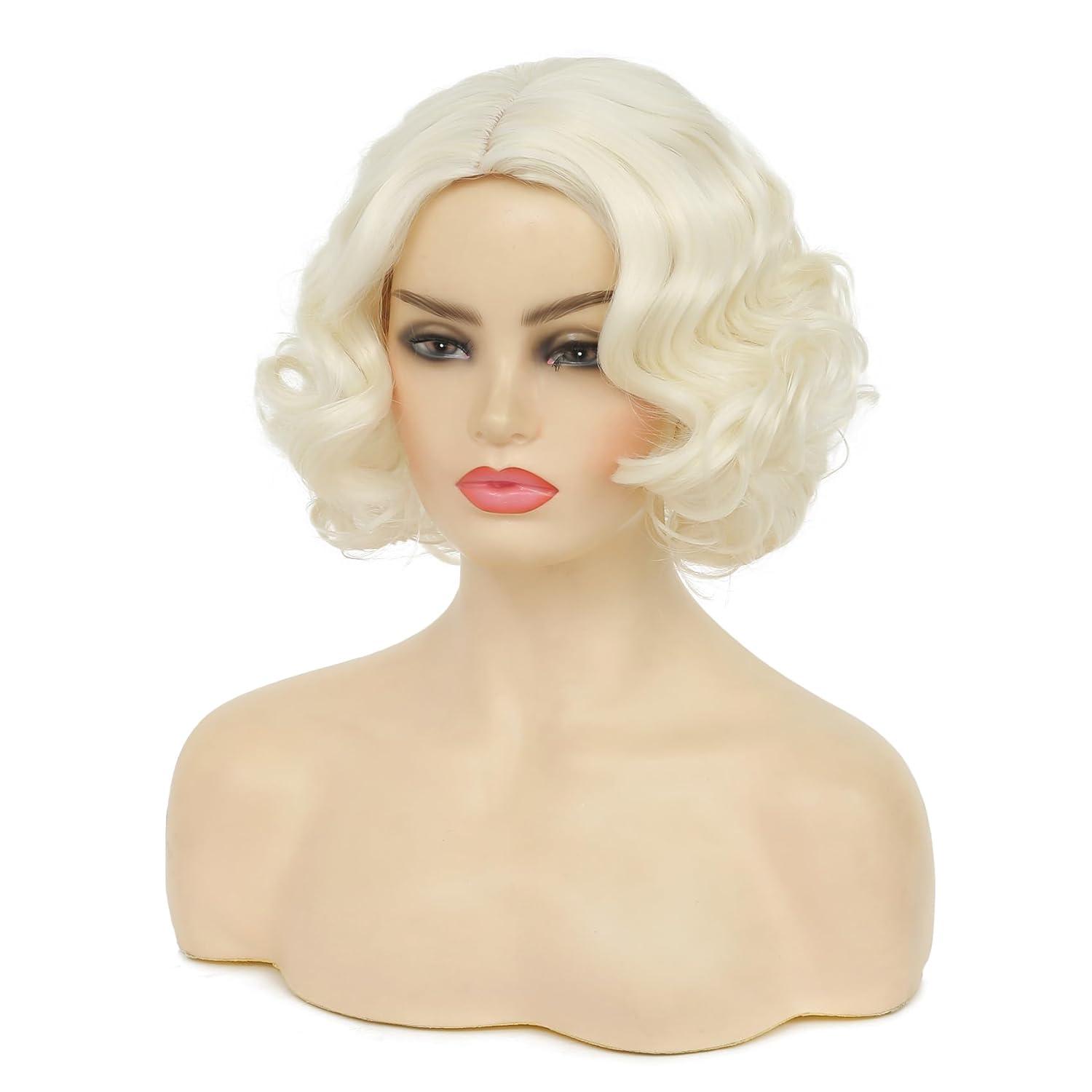 imageBlonde Curly Short Finger Wave Wigs for Lady with Bangs Synthetic Hair Natural Cosplay Halloween Costume Women WigsBlonde